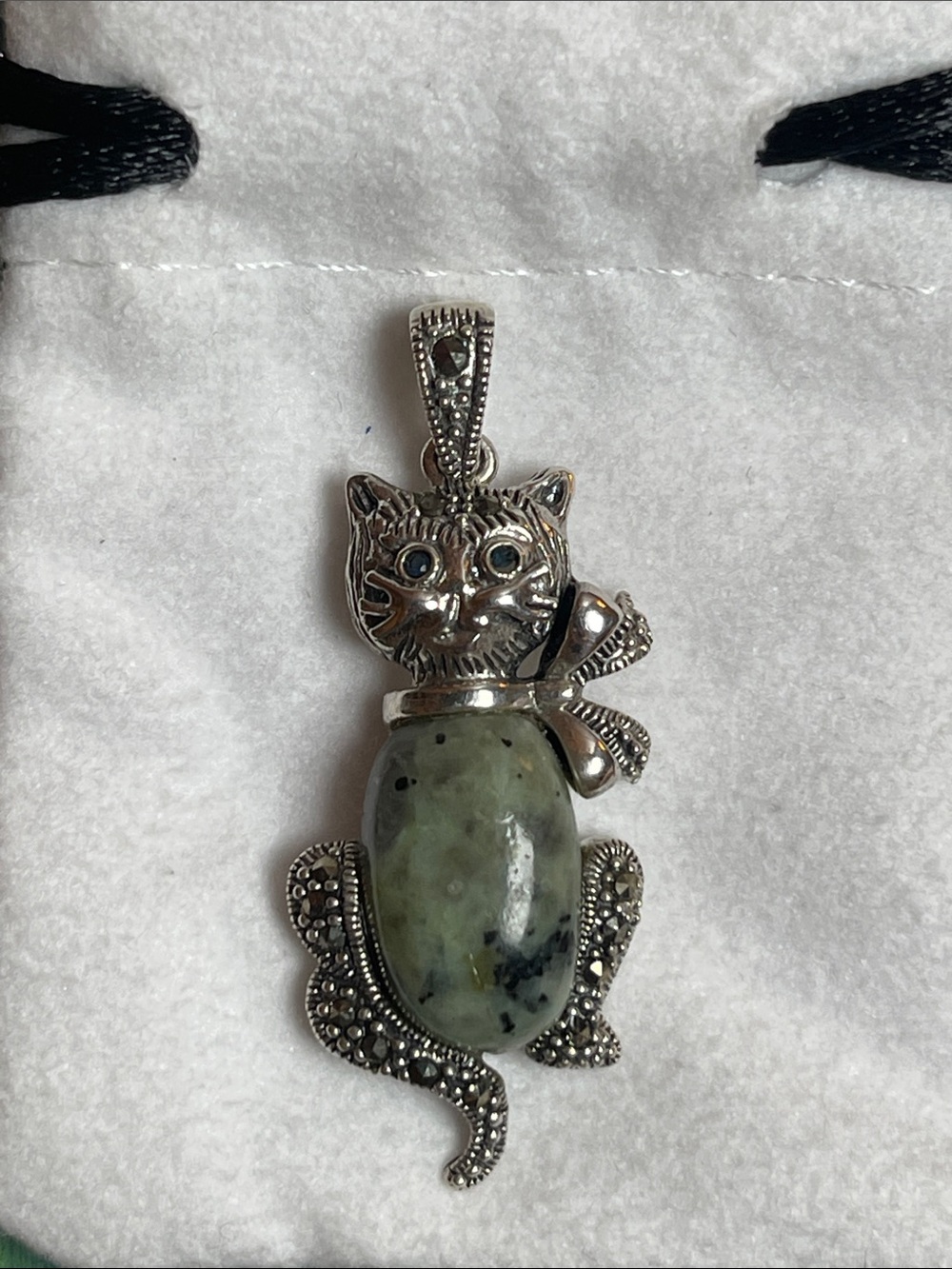 Sterling Silver Moldavite Cat Pendant: Blue Crystal Eyes
